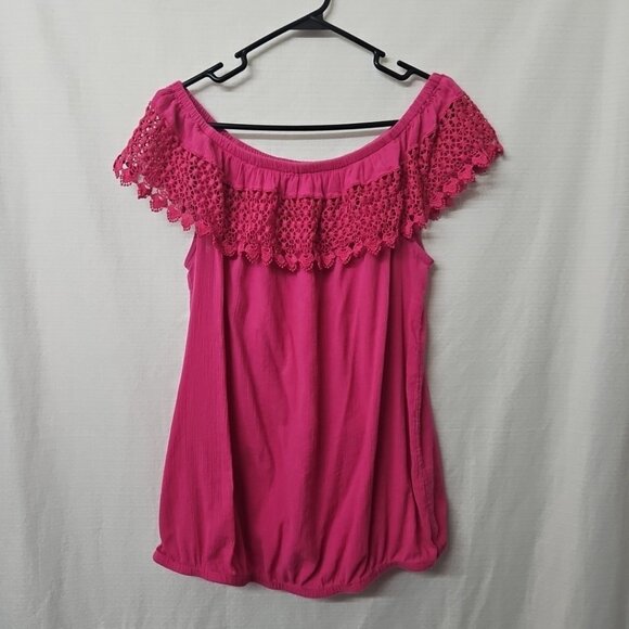 Lane Bryant Sz 14 Pink Off The Shoulder Gauze Lace Blouse Barbie Peasant Boho - Picture 1 of 7